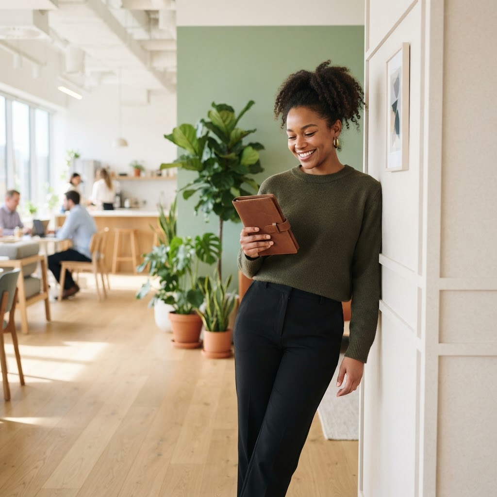 Person standing in a sunlit office space