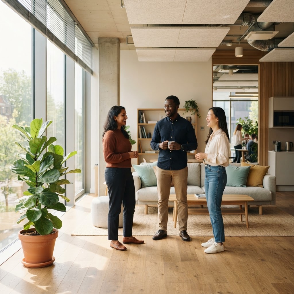 Colleagues having a supportive conversation in a modern office