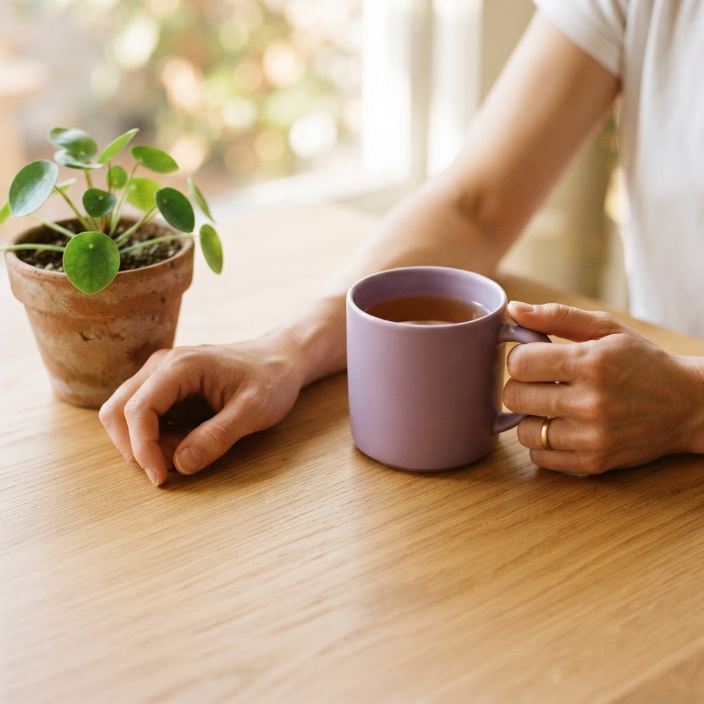 Hands resting near a mug and plant on a desk