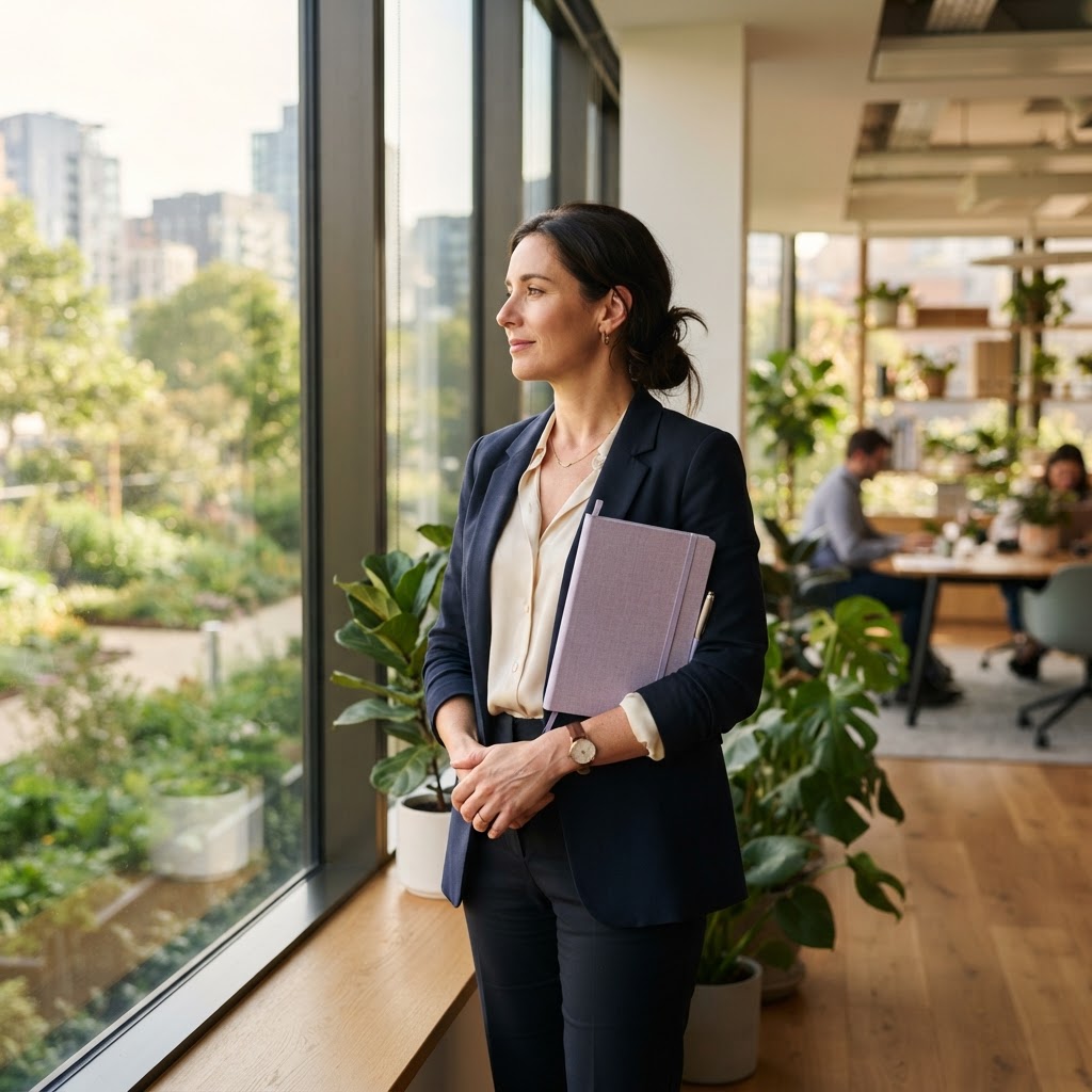 Professional standing in a sunlit office looking out a window