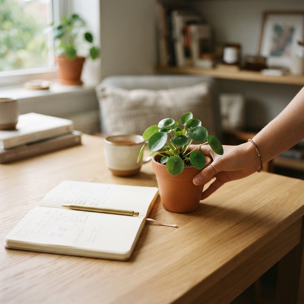 Cozy home office desk setup with a small green plant