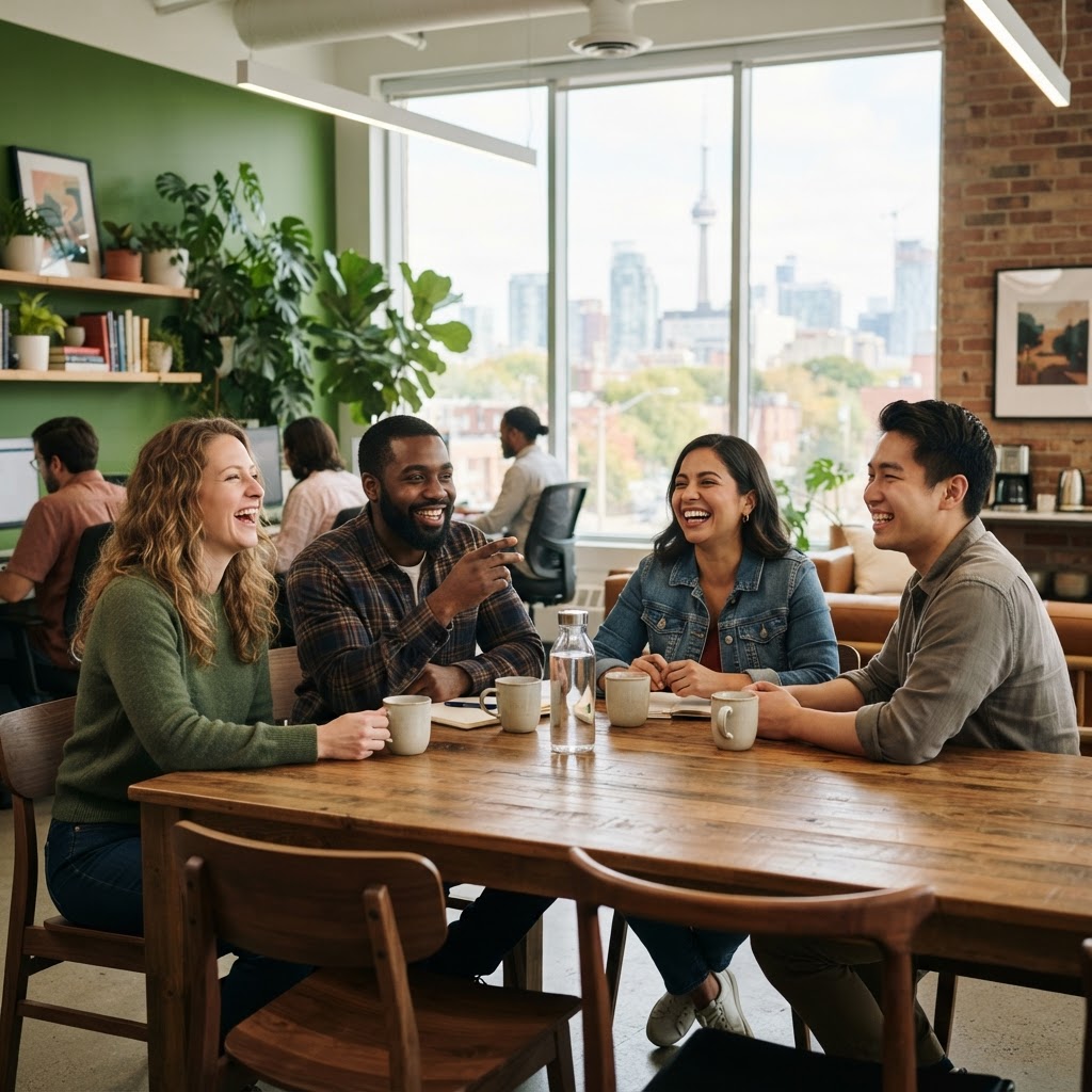 Diverse team of employees collaborating in a warm modern office