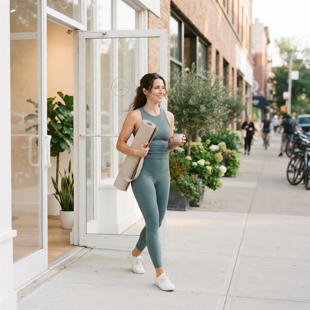 Professional leaving a yoga class feeling refreshed and cared for