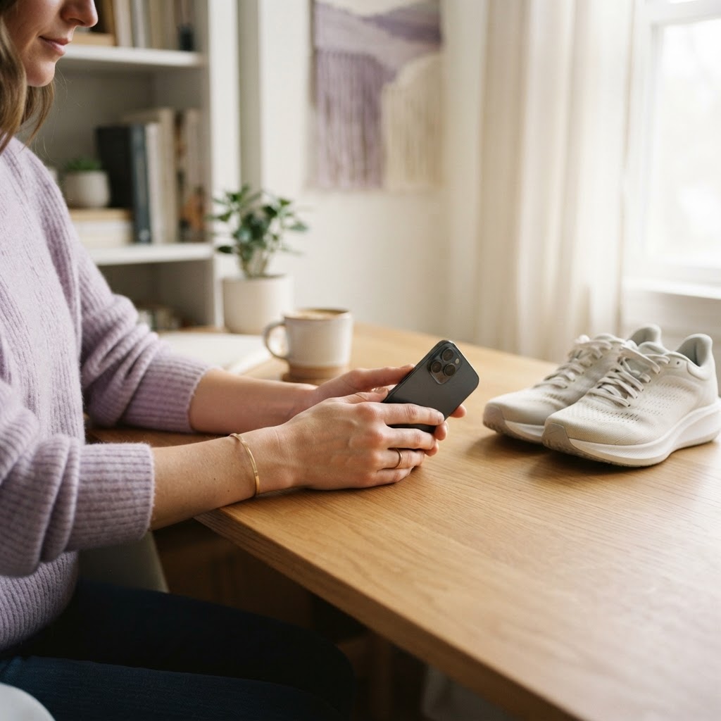 Person preparing for wellness activity with phone on desk