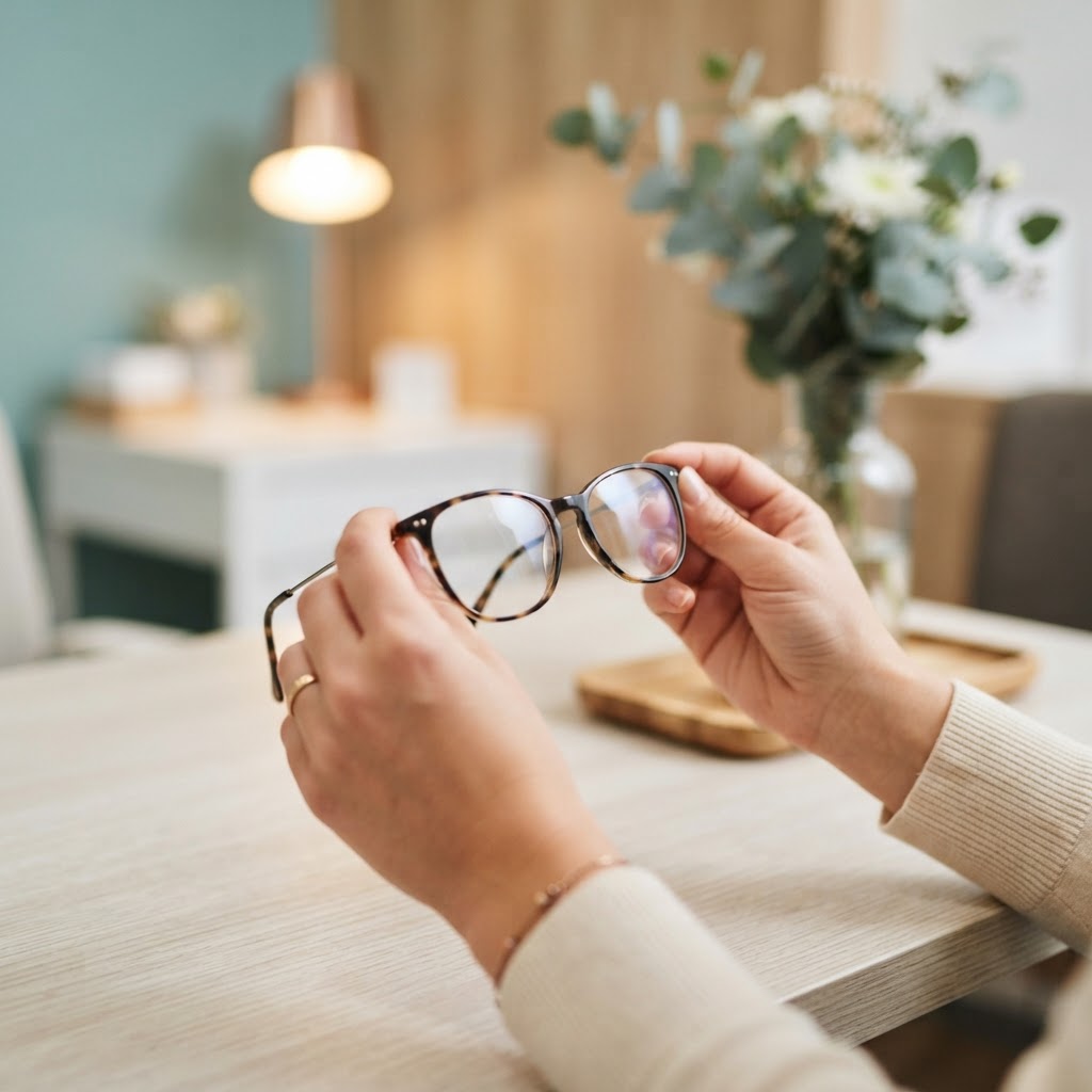 Hands holding a pair of eyeglasses in a bright room