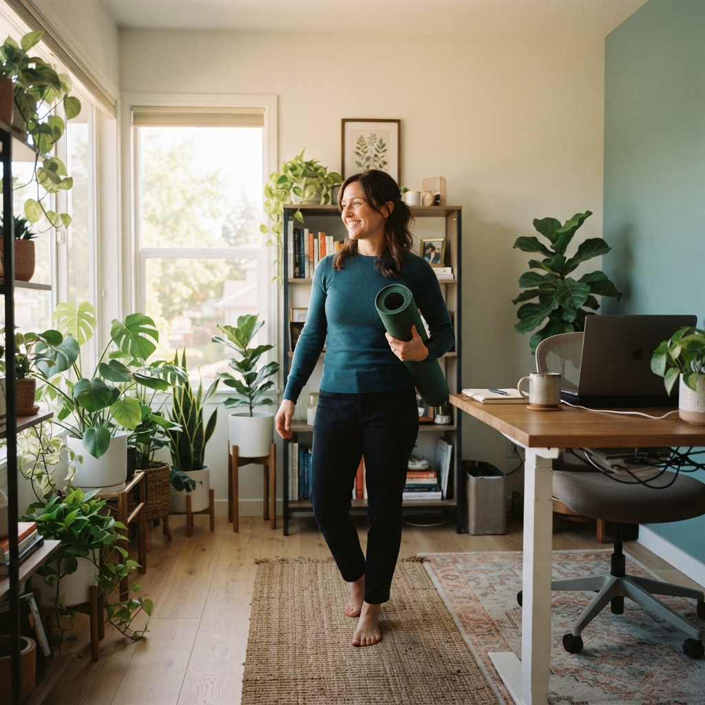 Employee enjoying a healthy lifestyle in a home office