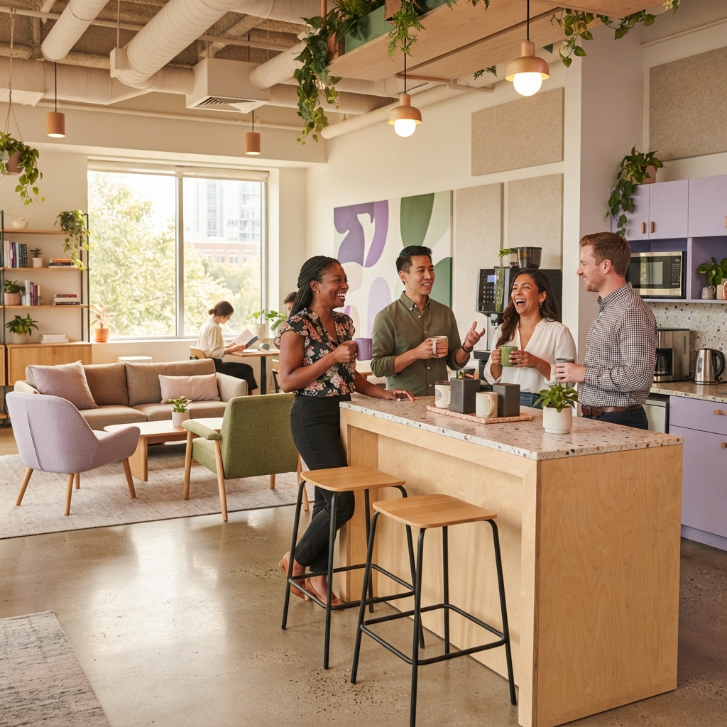 Diverse team of employees chatting in an office break area