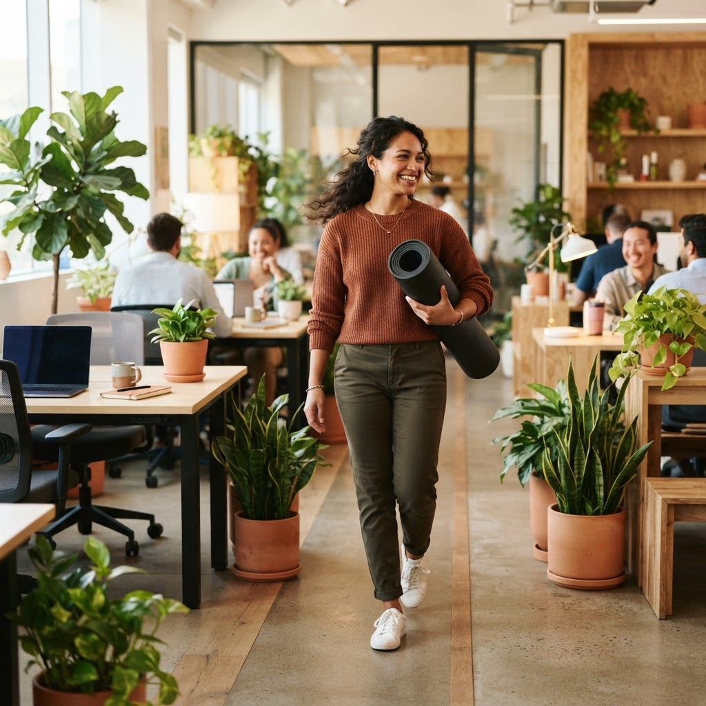 Employee leaving the office with a yoga mat