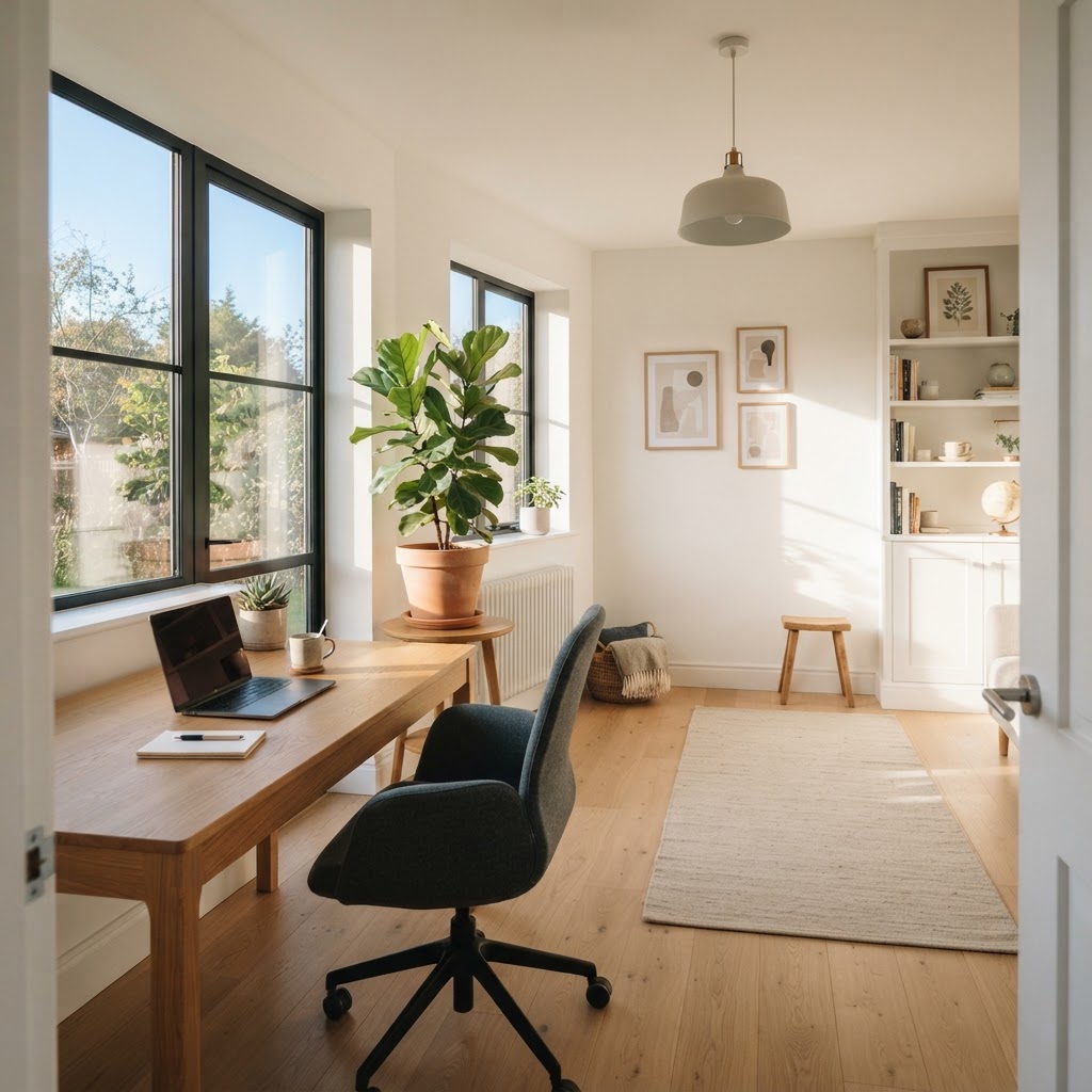 A bright and tidy modern home office space with plants