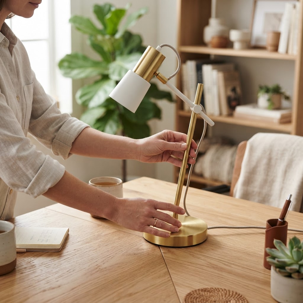 Hands arranging a lamp on a clean wooden home office desk