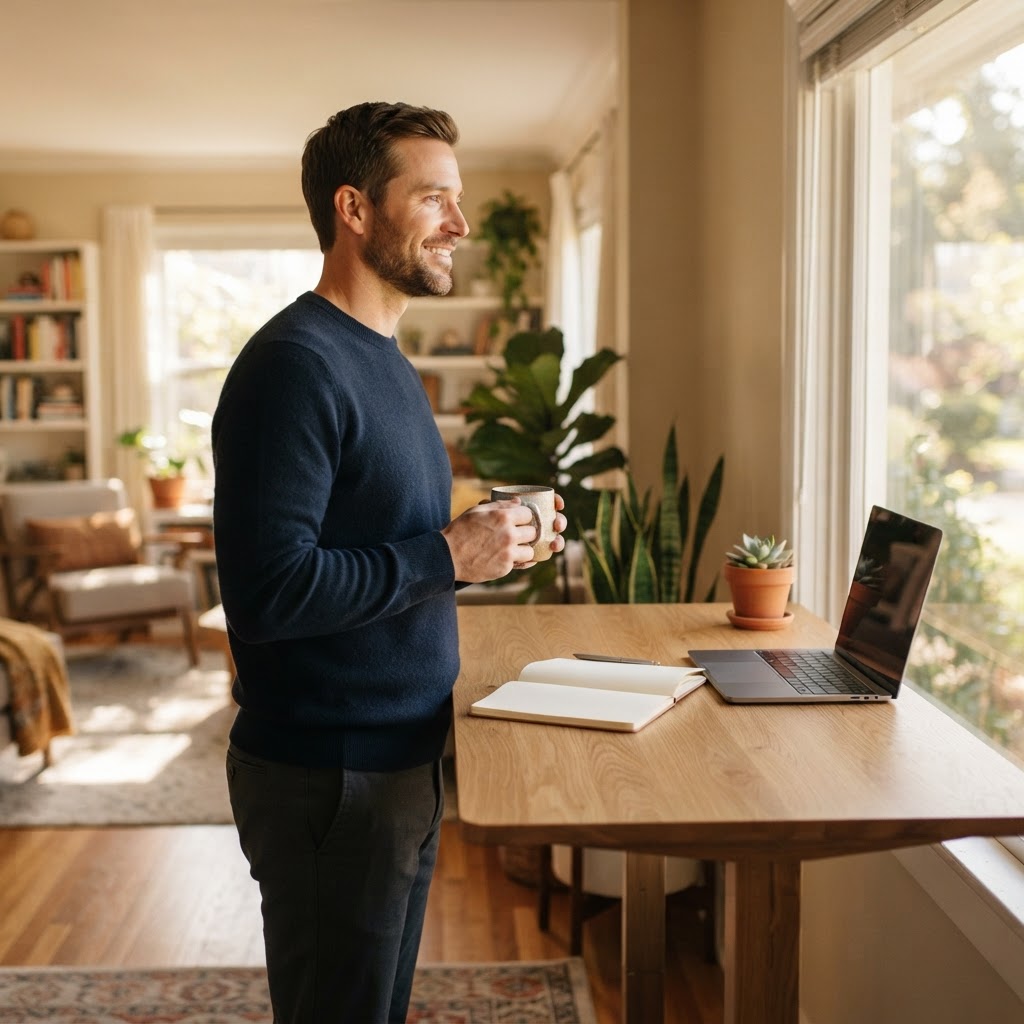 Man standing at a minimalist wooden desk in a bright home office