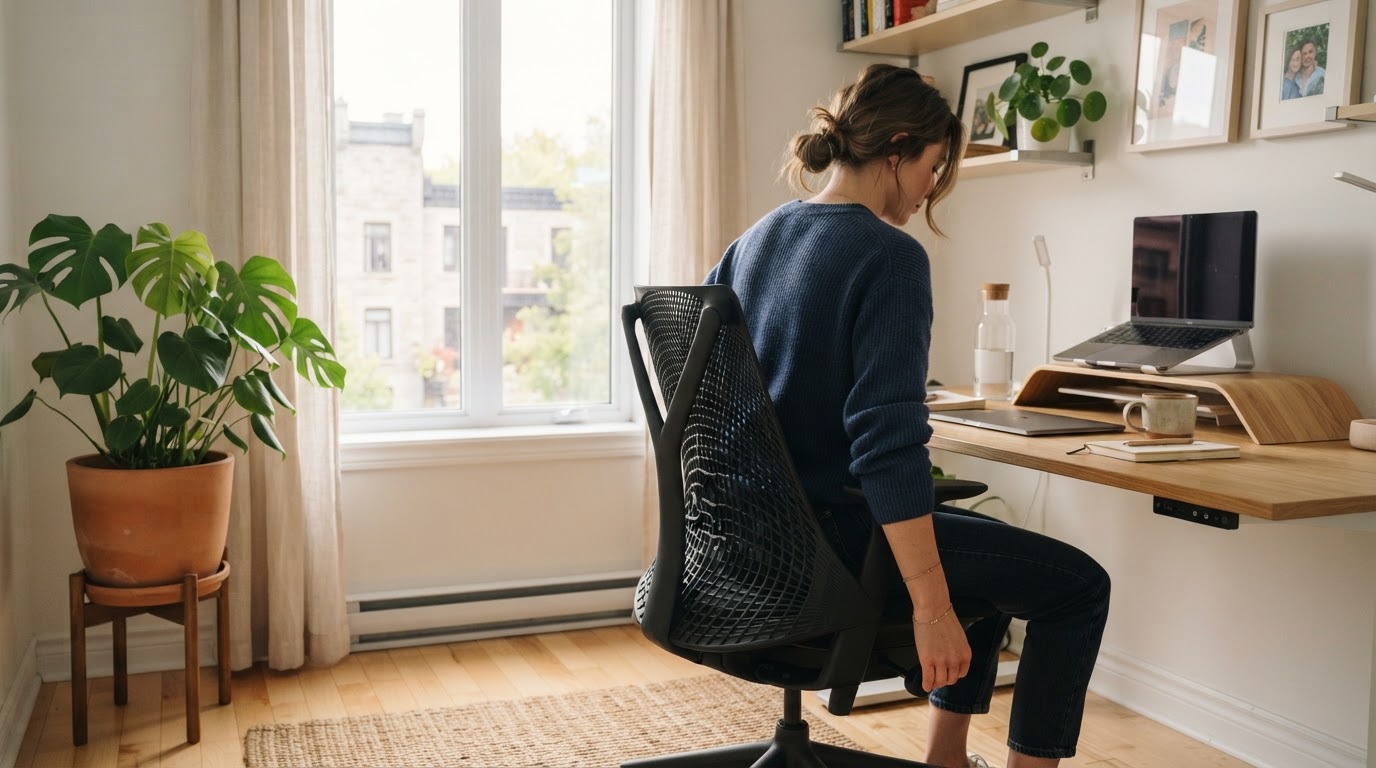 Professional woman adjusting her home office chair in a sunlit room