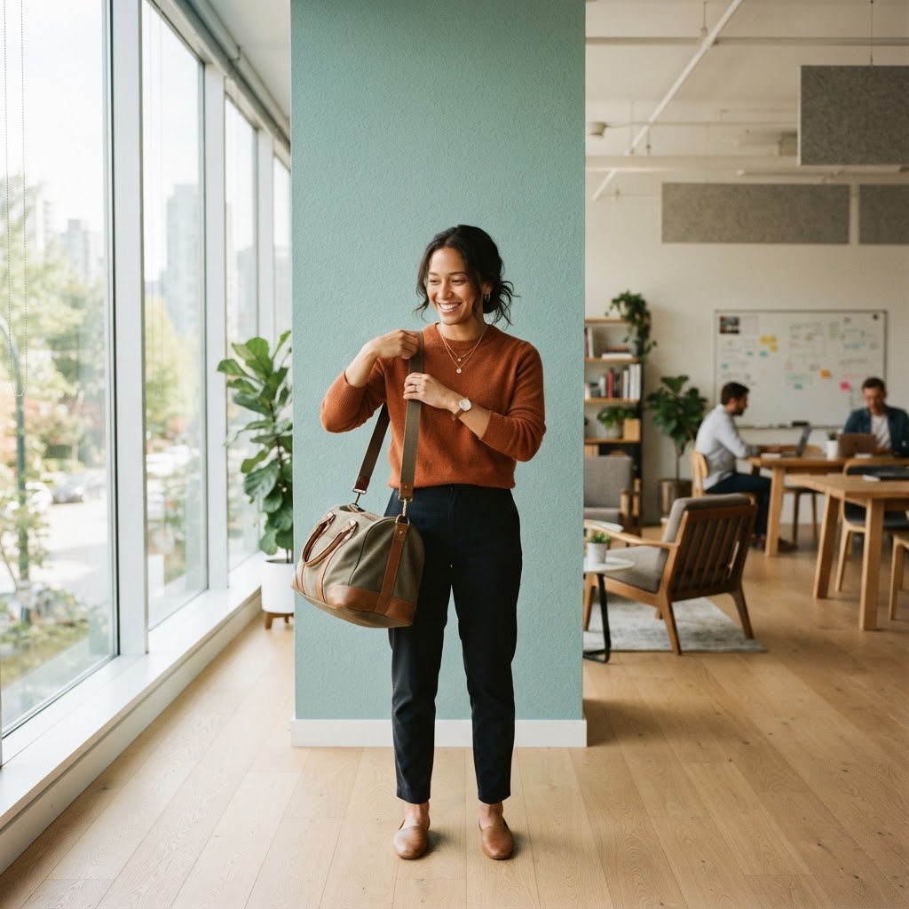 Employee standing in a modern light-filled office