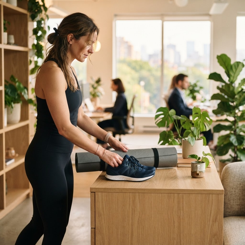 Modern office setting with yoga gear on a table