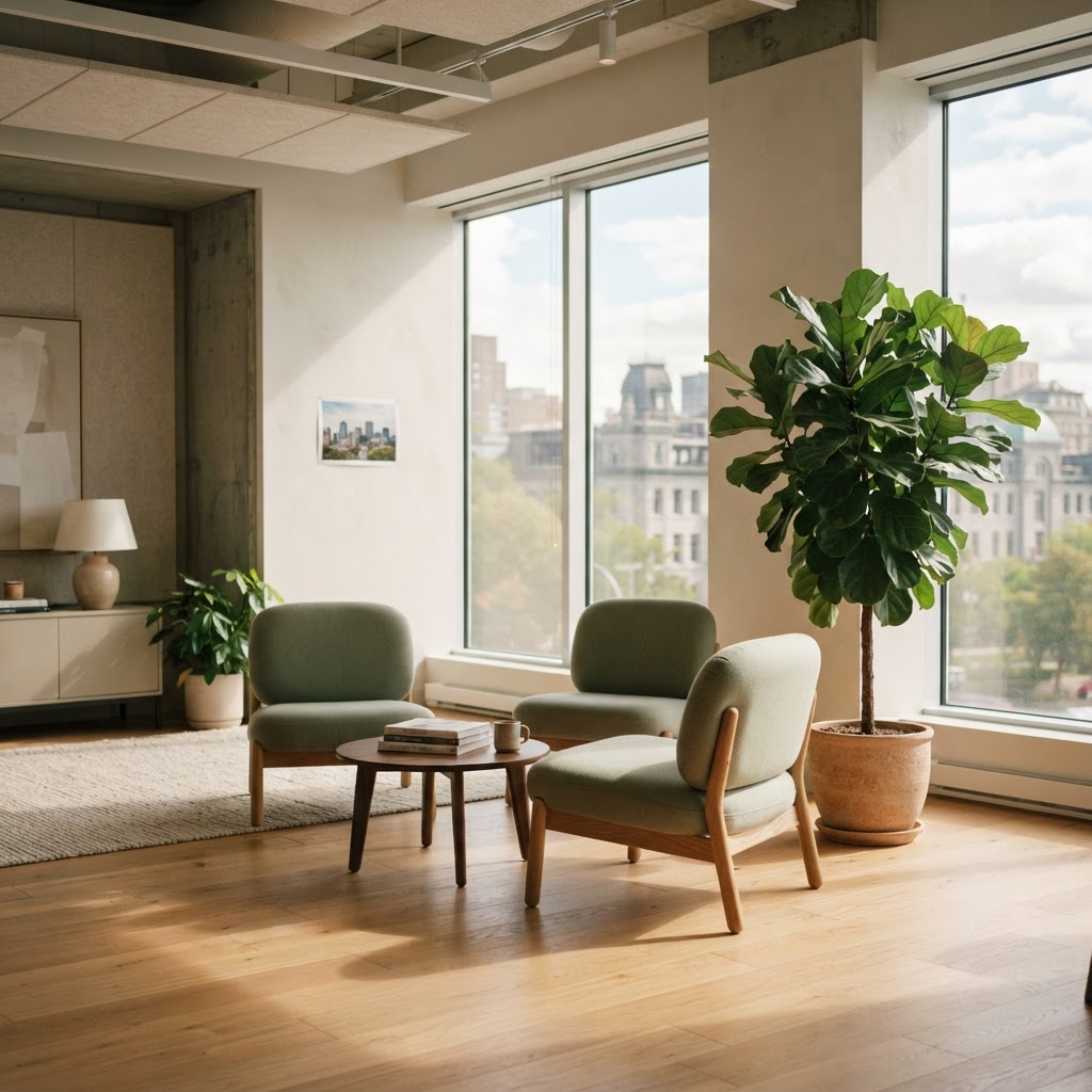 Quiet lounge area in a modern office with greenery