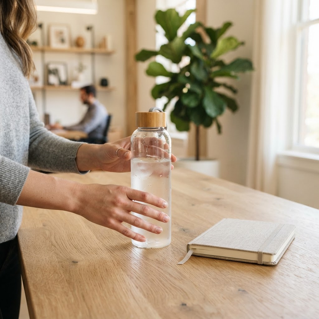 Water bottle and notebook on a wooden desk