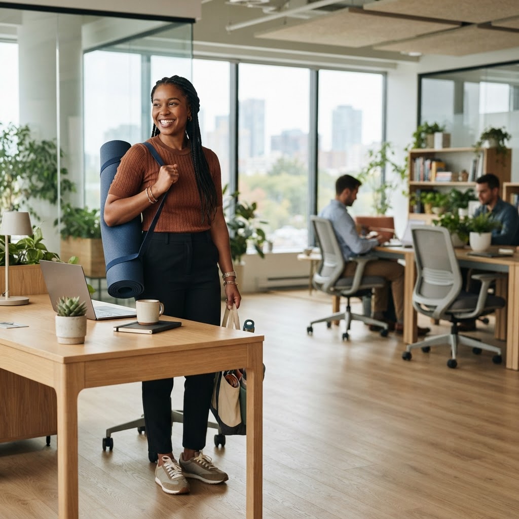 Employee leaving the office for a yoga class