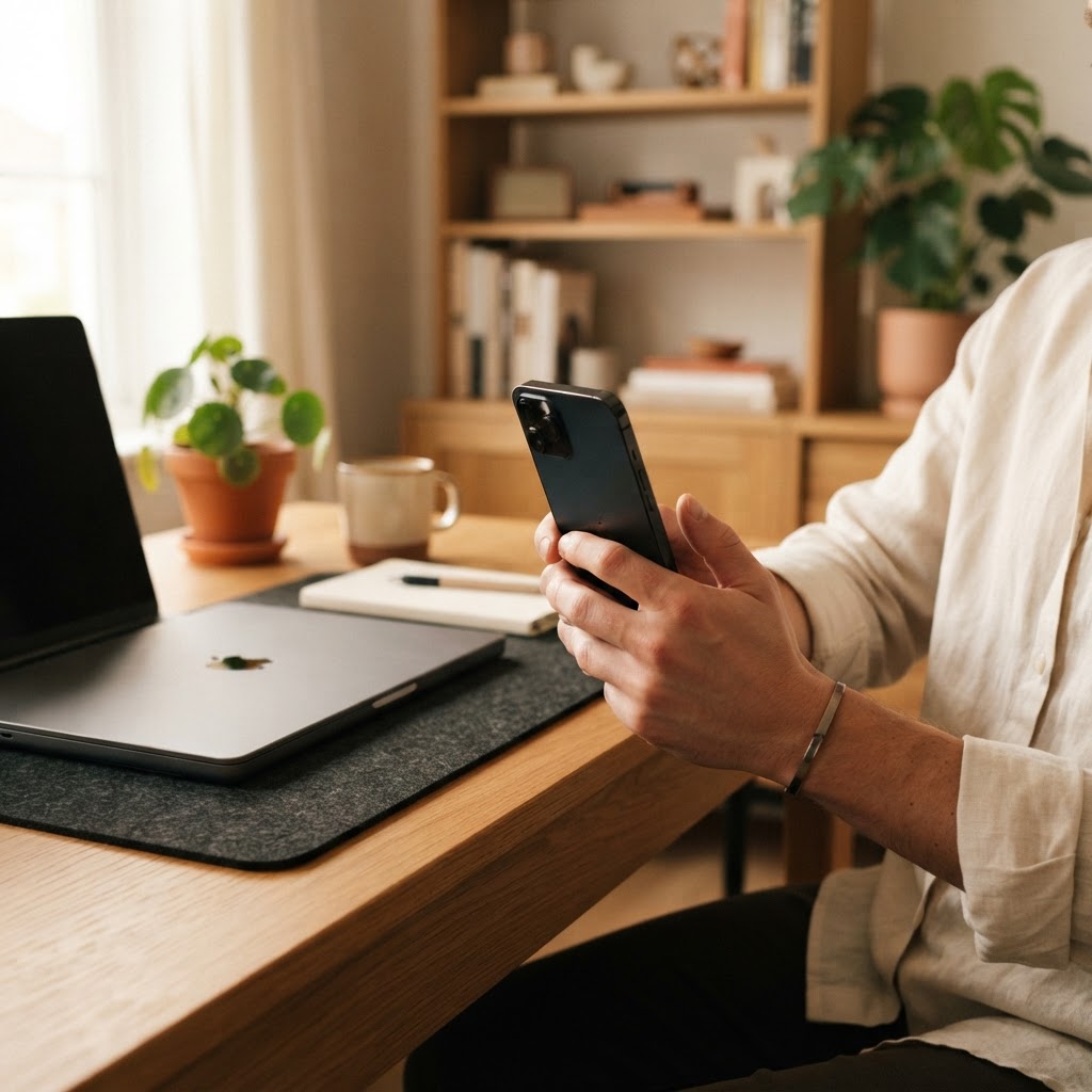 Person using a smartphone in a cozy workspace