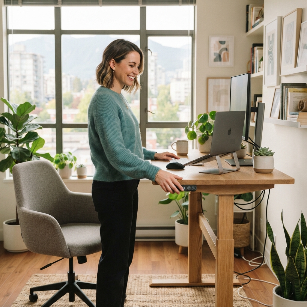 Professional adjusting an ergonomic desk in a home office