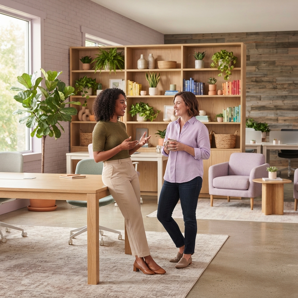 Colleagues collaborating in a bright modern workspace
