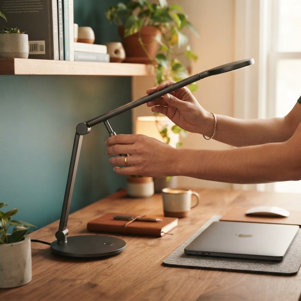 Hands adjusting high quality home office equipment