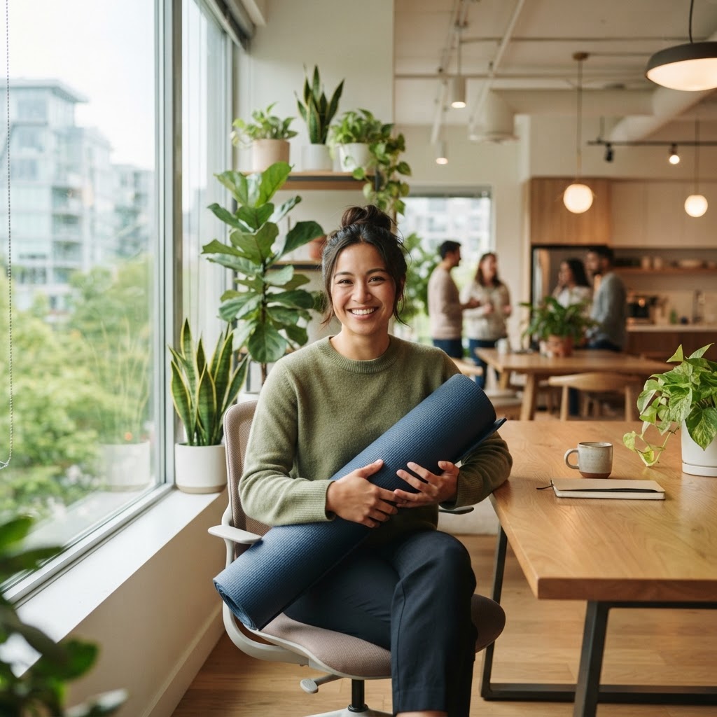 Employee happy after a yoga class in a bright office