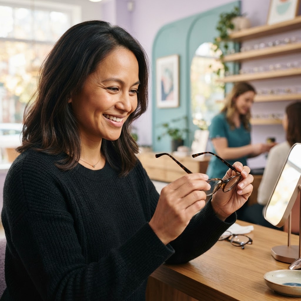 Professional selecting eyeglasses at an optical store