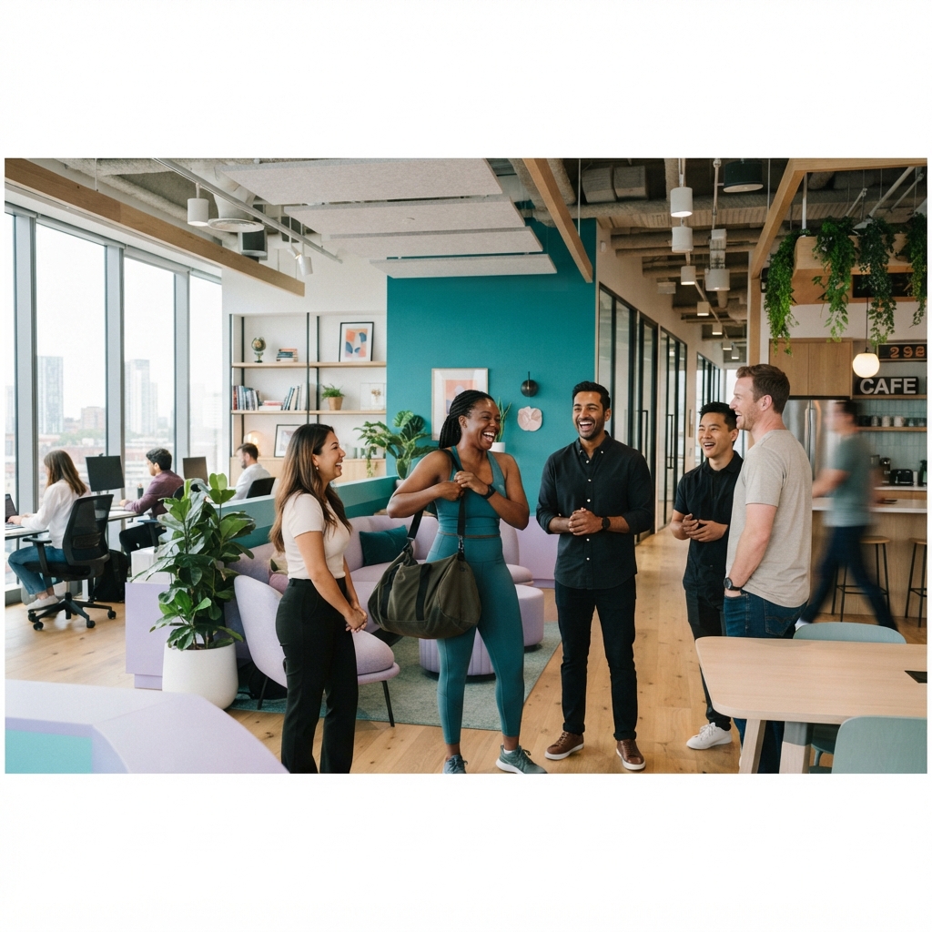 Diverse employees standing in a modern open office