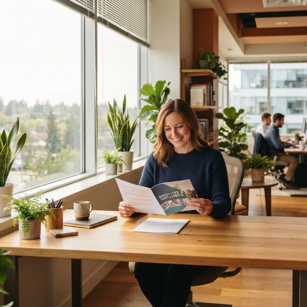 Employee sitting at a desk in a modern office