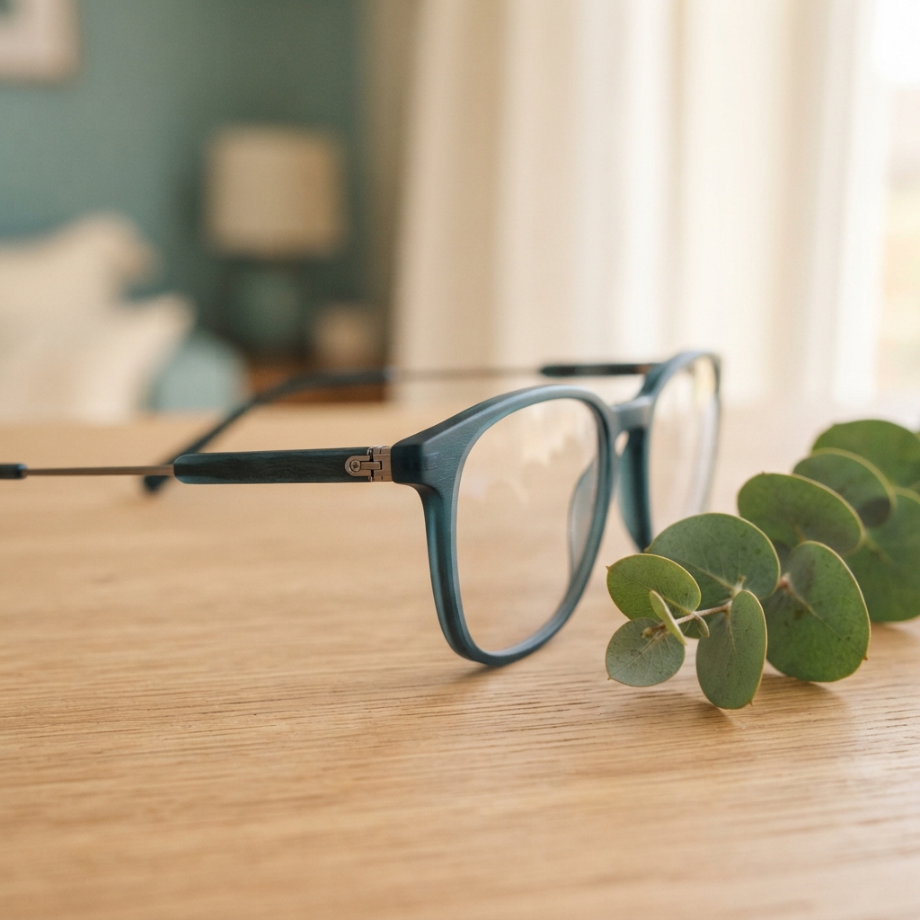 Eyeglasses resting on a wooden table