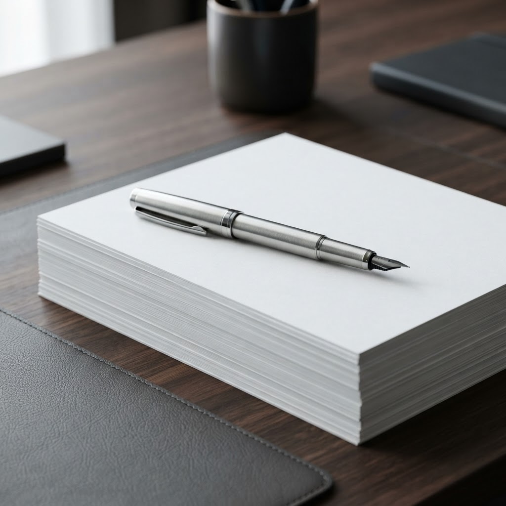 Stacked documents and desk accessories in a professional workspace