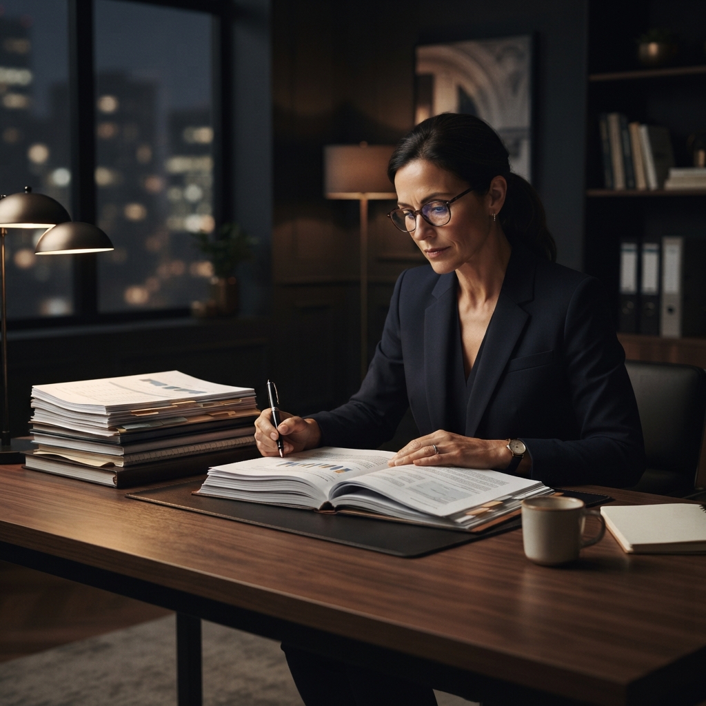 Compliance officer reviewing physical reports in a professional office