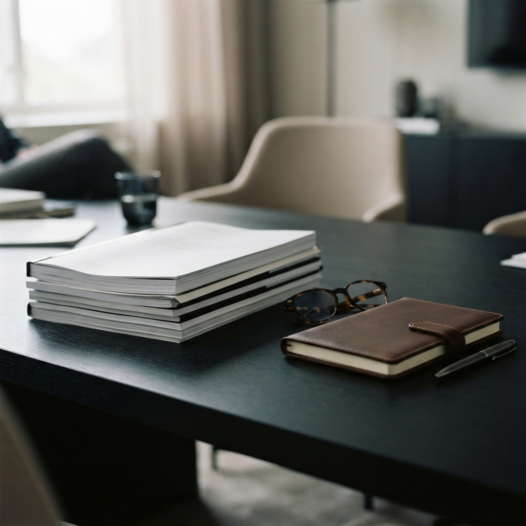 A stack of physical compliance dossiers on a boardroom table