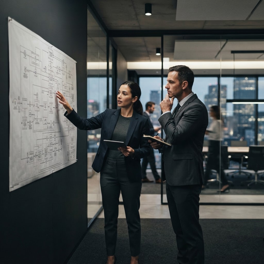 Two professionals discussing a complex compliance workflow
