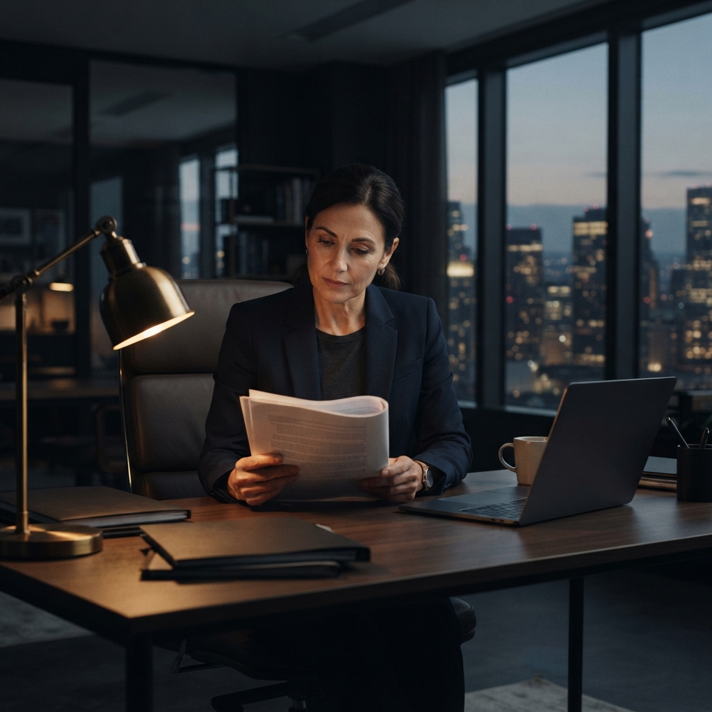 Compliance officer reviewing sensitive documentation in a modern office