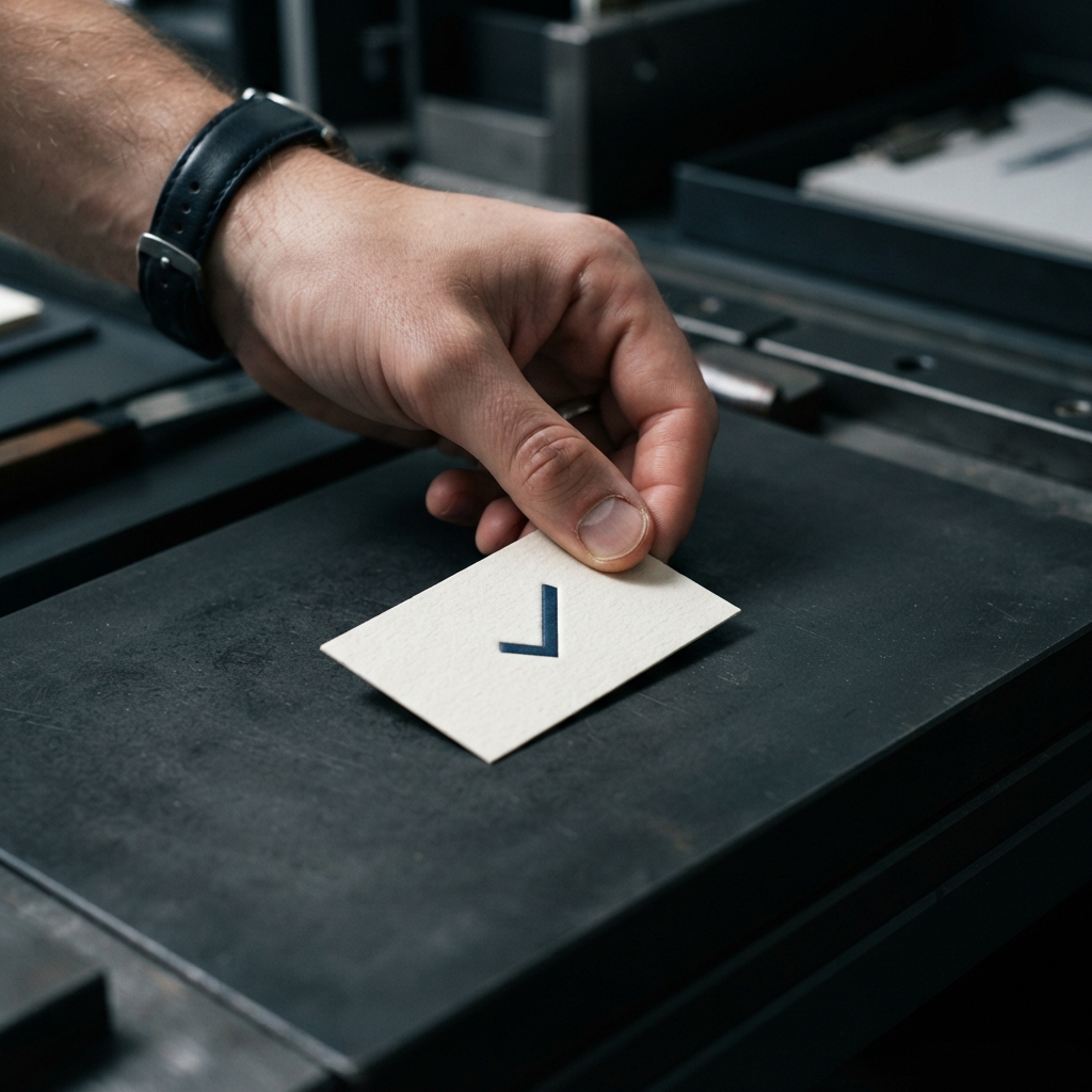 Hand placing a status indicator on a dark desk surface