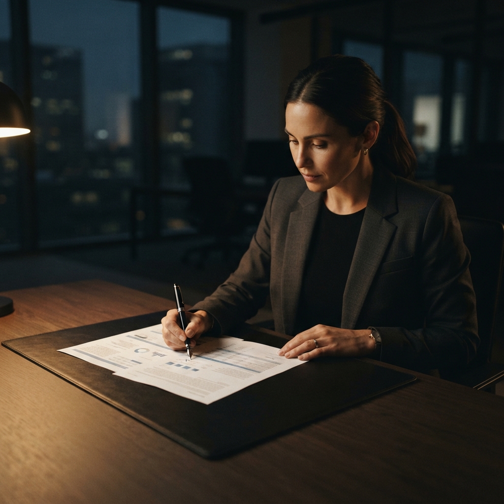 Professional analyst reviewing a compliance report at a desk