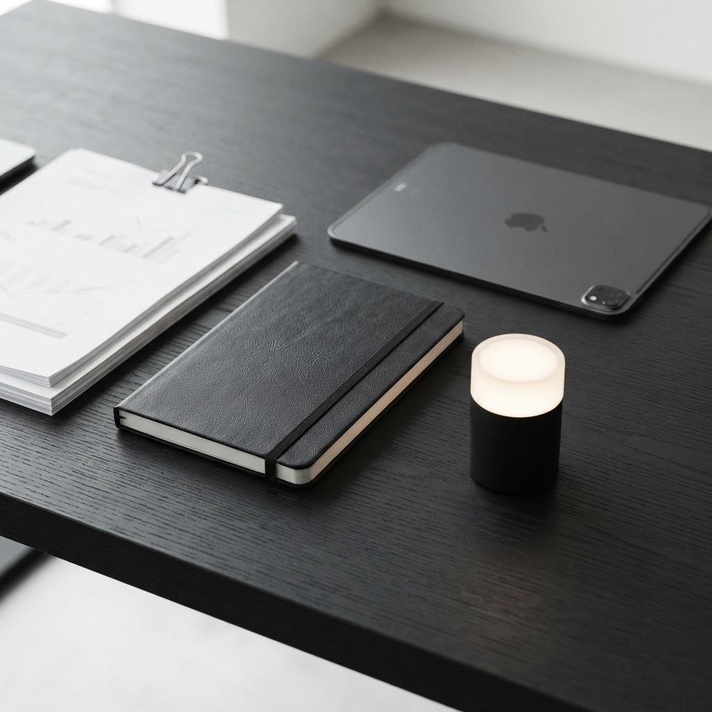 Organized workspace with documents and a face down tablet