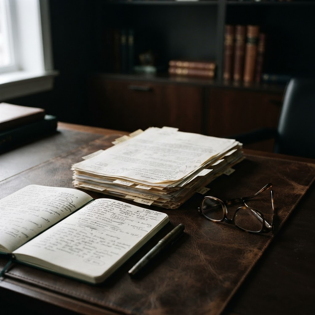 Close up of professional due diligence research materials