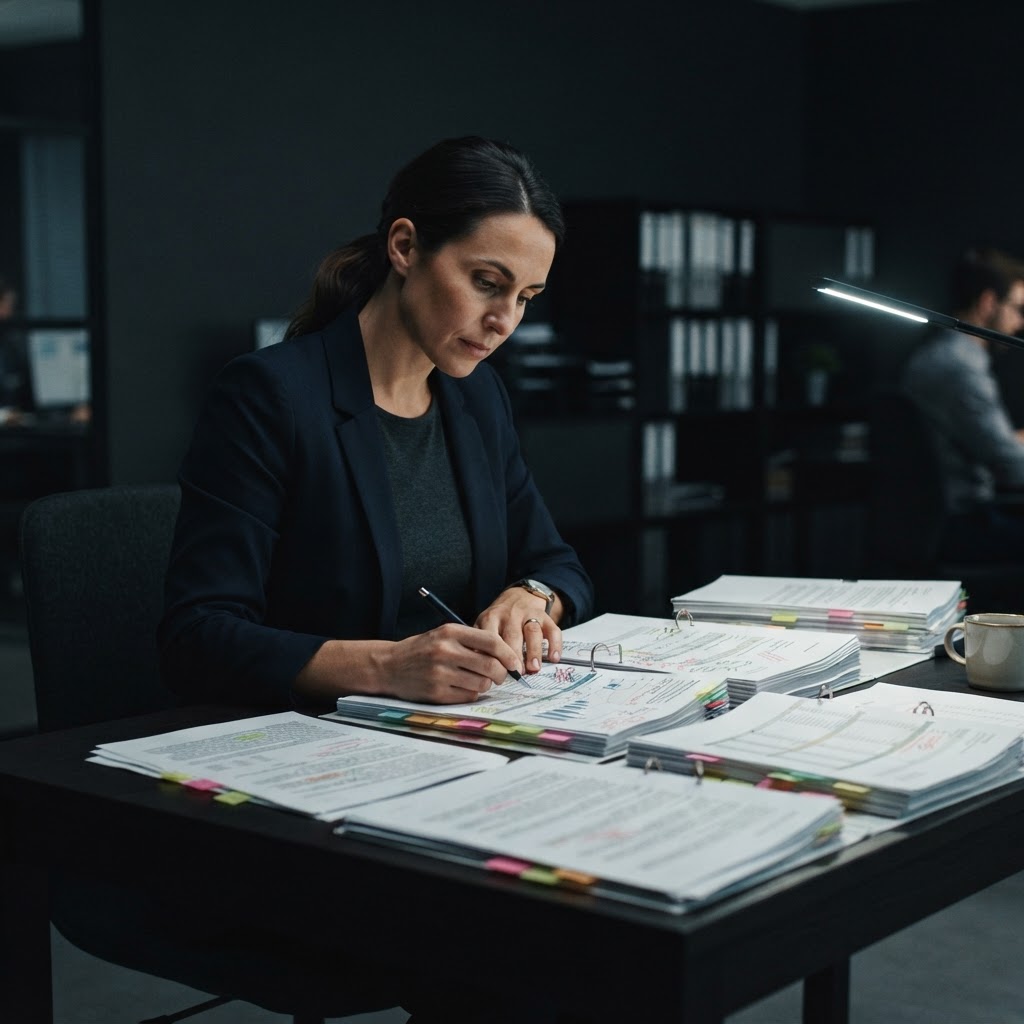 Auditor reviewing printed reports in a professional office