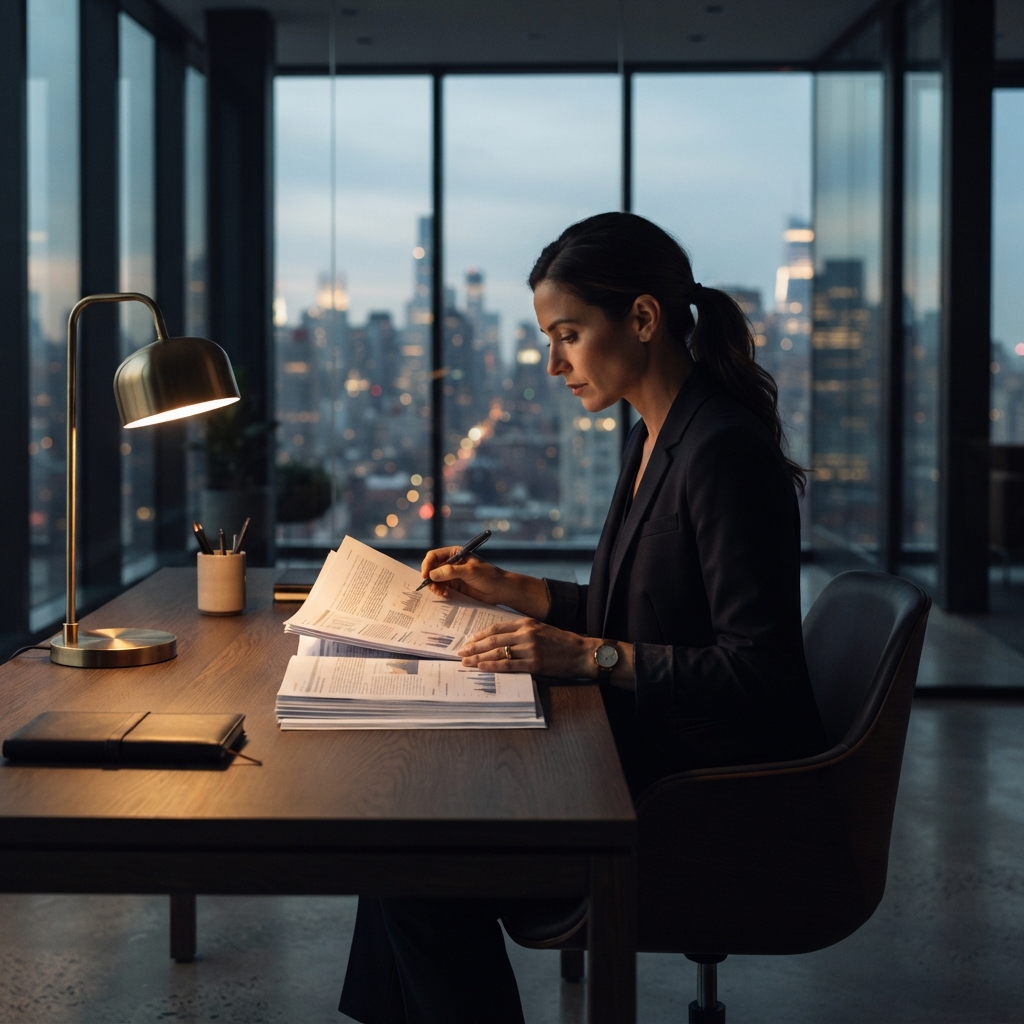 Compliance professional reviewing documentation in a dark high-stakes office