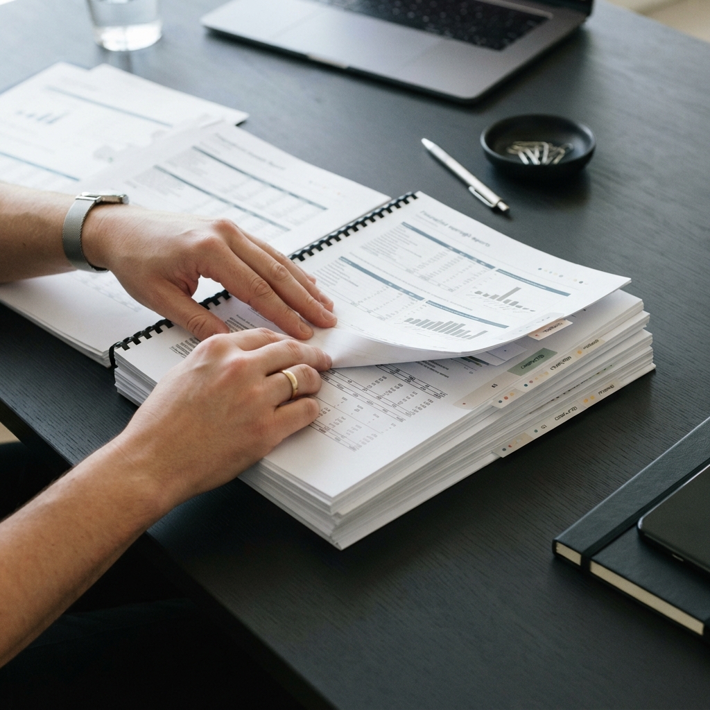 Hands organizing printed financial compliance documents on a dark desk