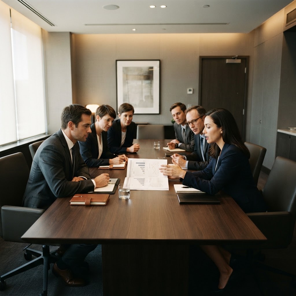 Professional team collaborating in a rigorous and quiet boardroom environment
