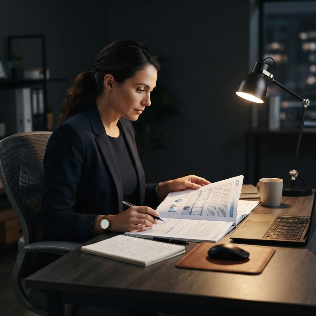 Compliance analyst reviewing a detailed regulatory report