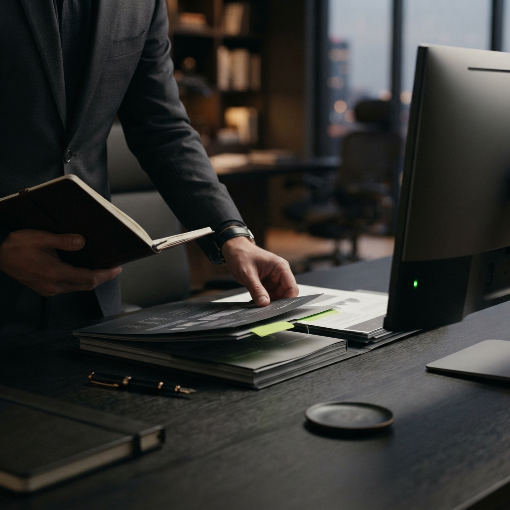 Hands organizing professional compliance documentation on a desk