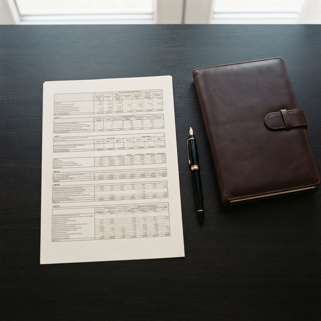 Organized desk with professional documents and a notebook