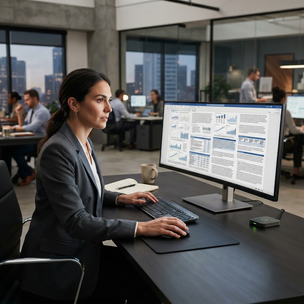 Professional analyst reviewing a detailed research report