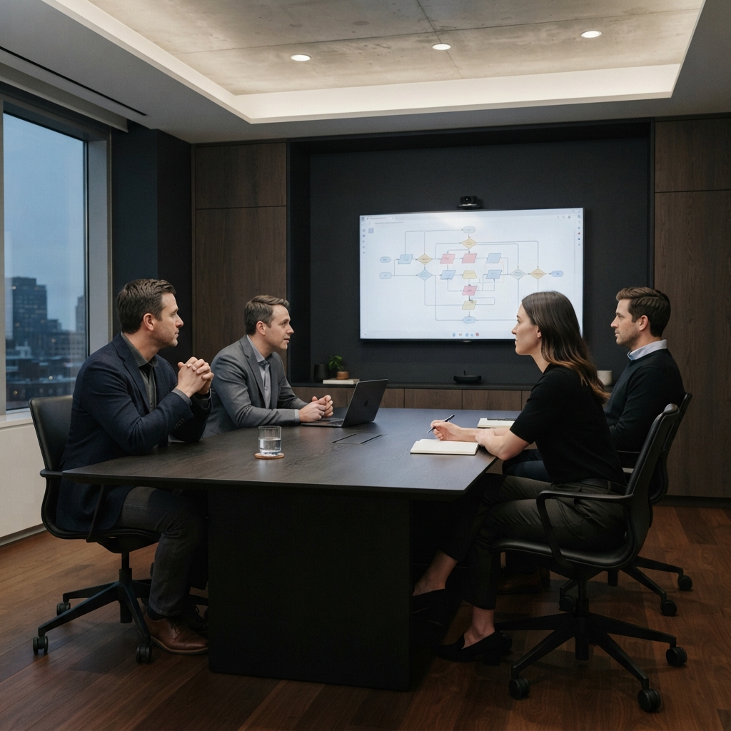 Team in a modern office during a focused meeting