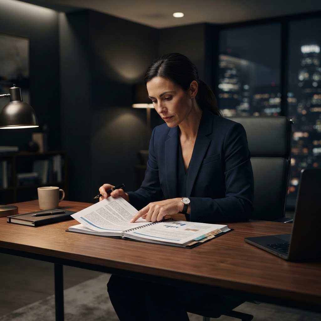 Compliance officer reviewing a detailed due diligence report