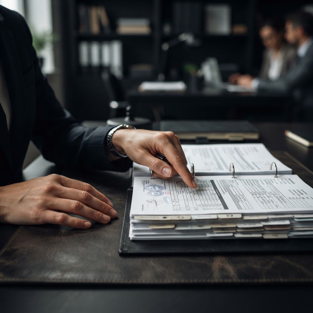 Hands organizing physical compliance and verification documents